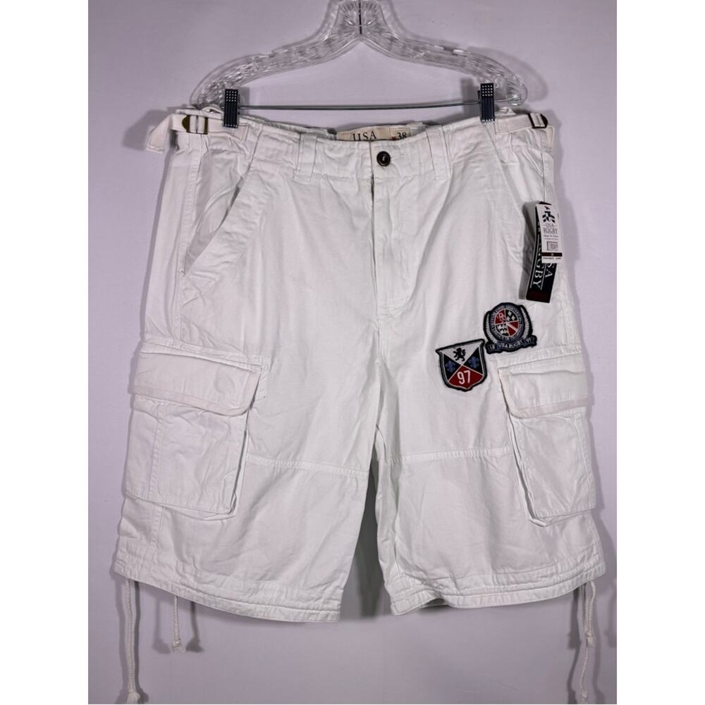 NWT USA Rugby Men's White Cargo Utility Shorts Signature Patch Size 38X38 T9